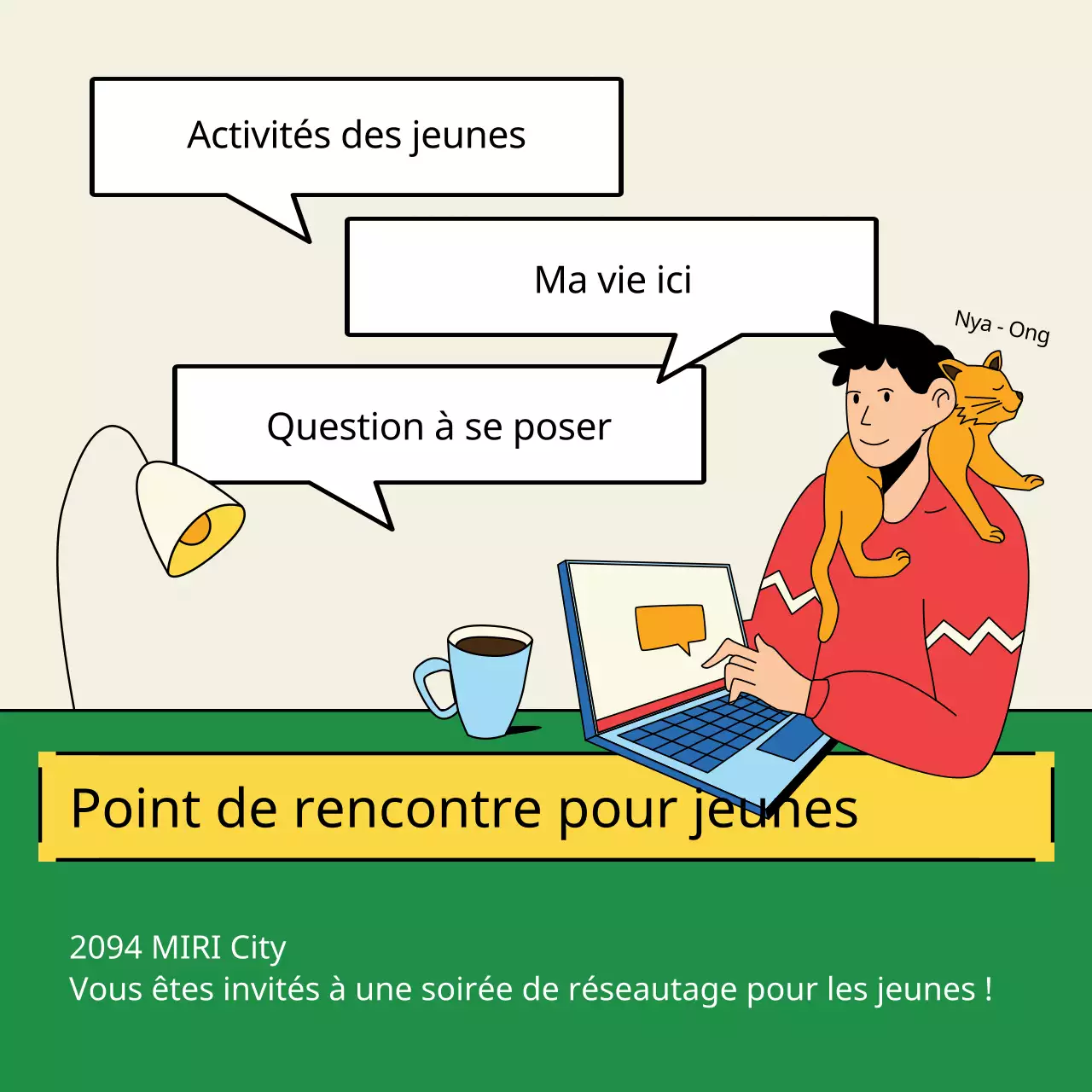 Promouvoir une fête kitsch jaune et verte pour la mise en réseau des jeunes