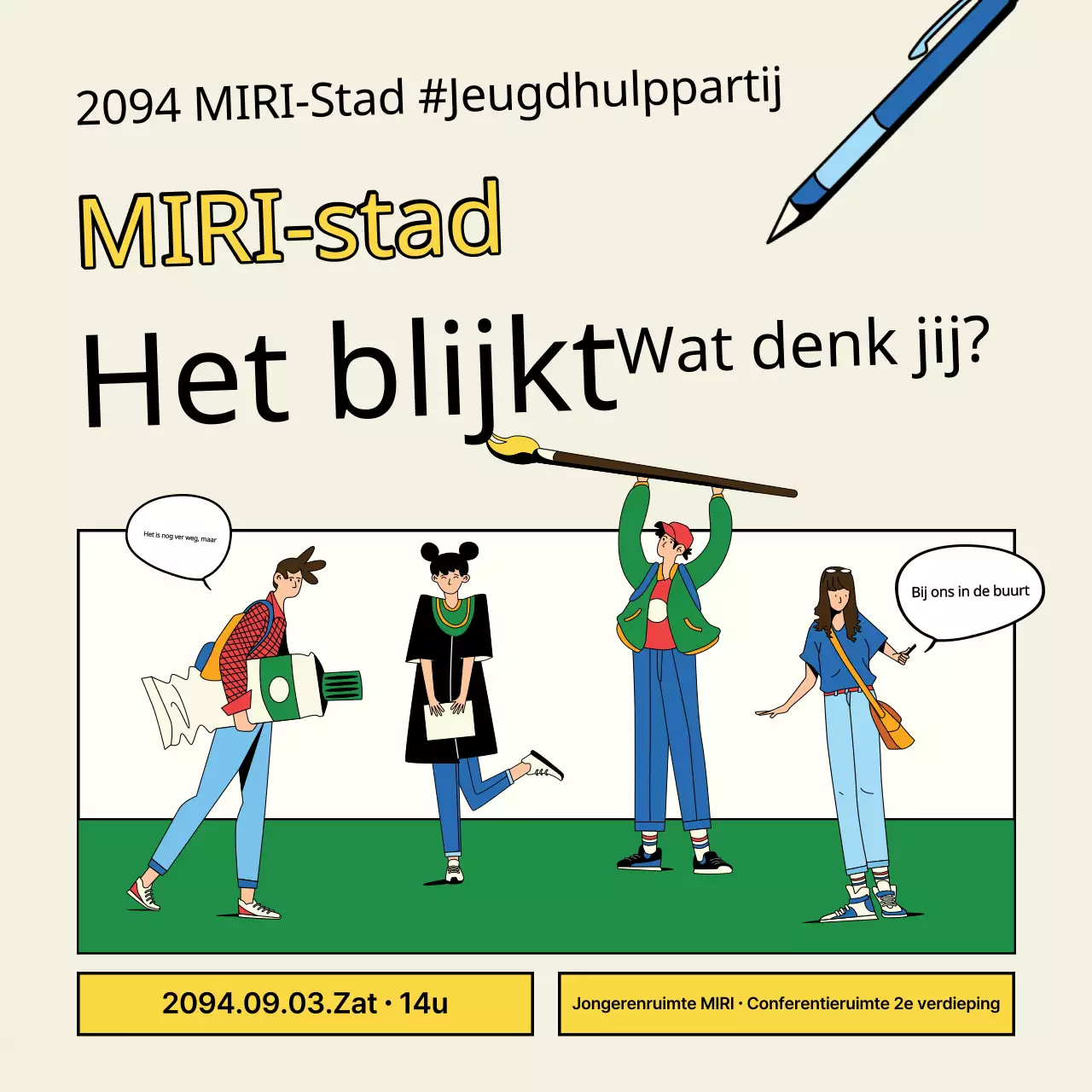 Een kitscherig geel en groen jongerennetwerkfeest promoten