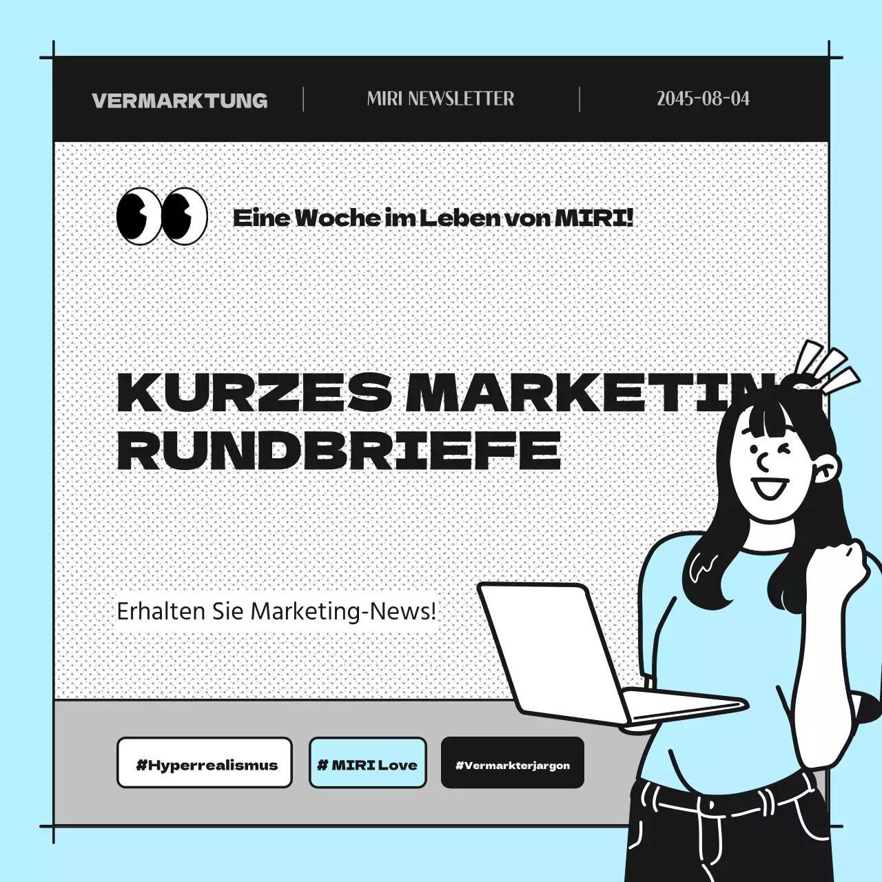 Werbung für einen hellblauen Cartoon-Newsletter