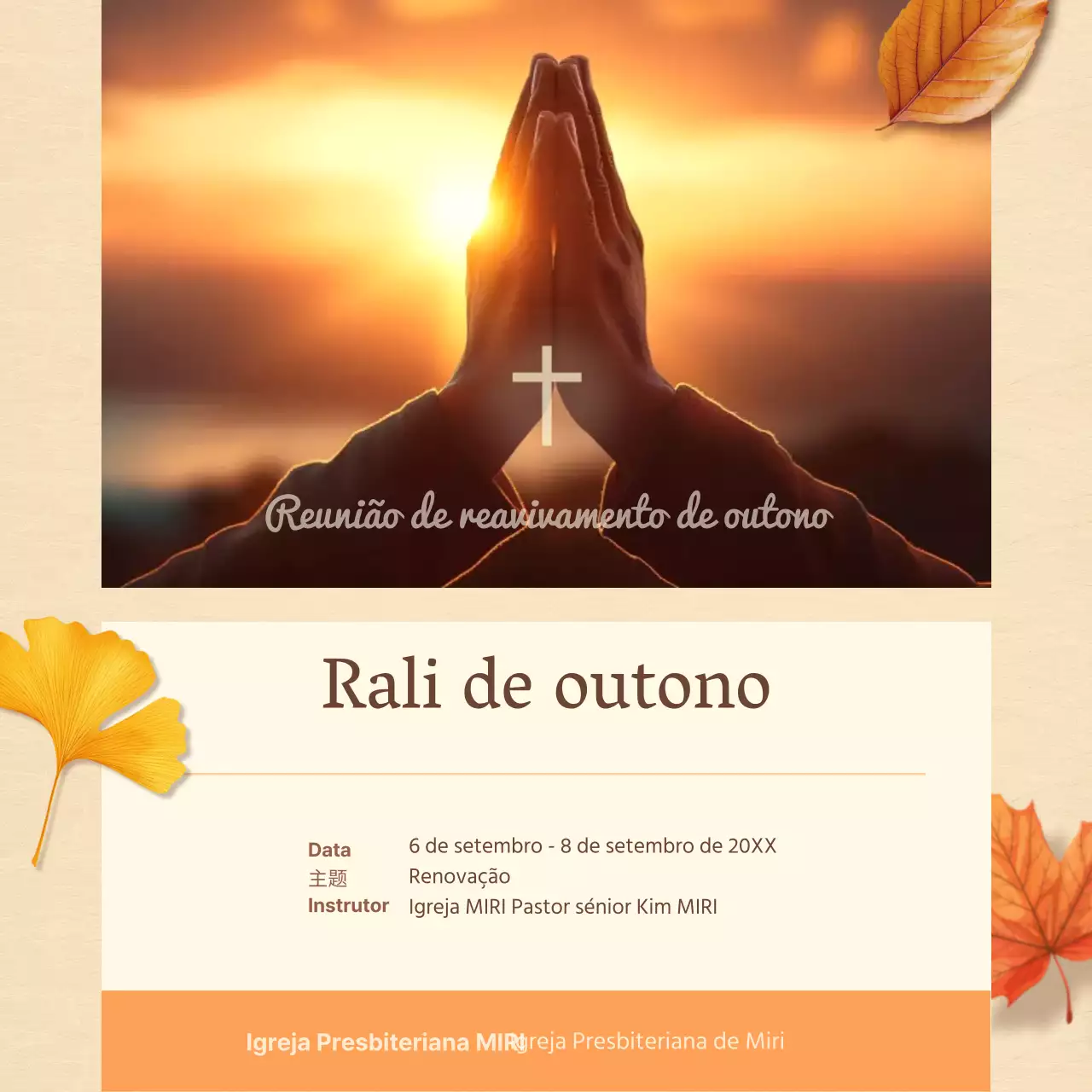 Anúncios de eventos da igreja em laranja e castanho