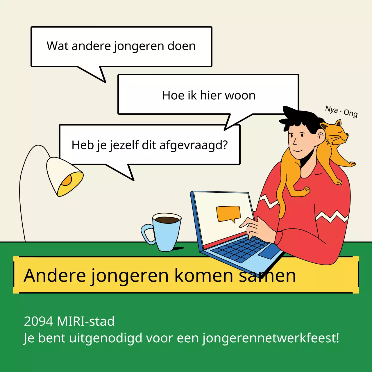 Een kitscherig geel en groen jongerennetwerkfeest promoten