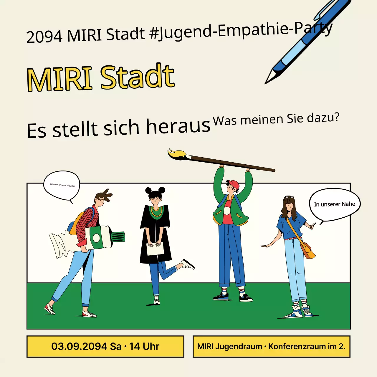 Werbung für eine kitschige gelb-grüne Jugend-Networking-Party