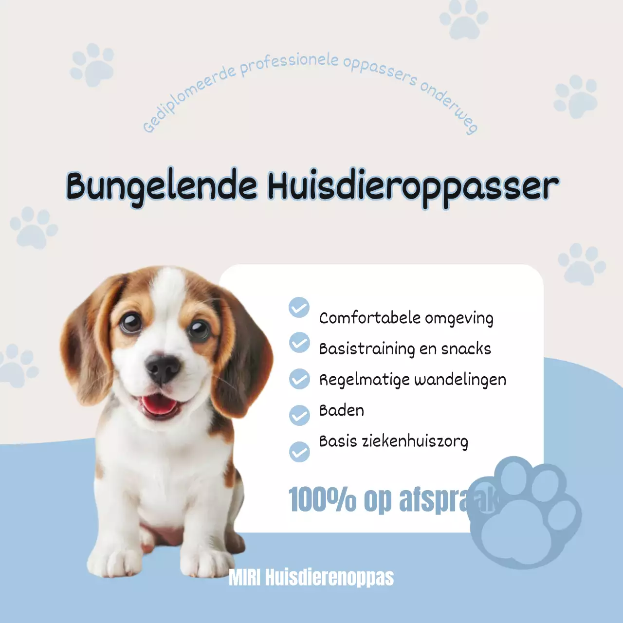 Eenvoudige puppy dierenoppas advertentie in lichtblauw en wit