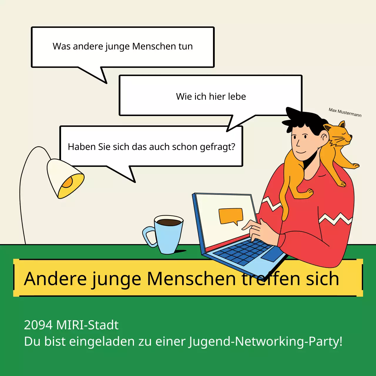 Werbung für eine kitschige gelb-grüne Jugend-Networking-Party