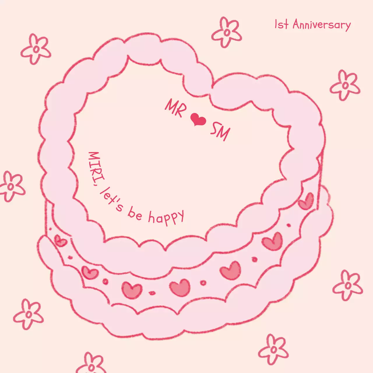 Cute couple's 1st anniversary cake note in pink and red