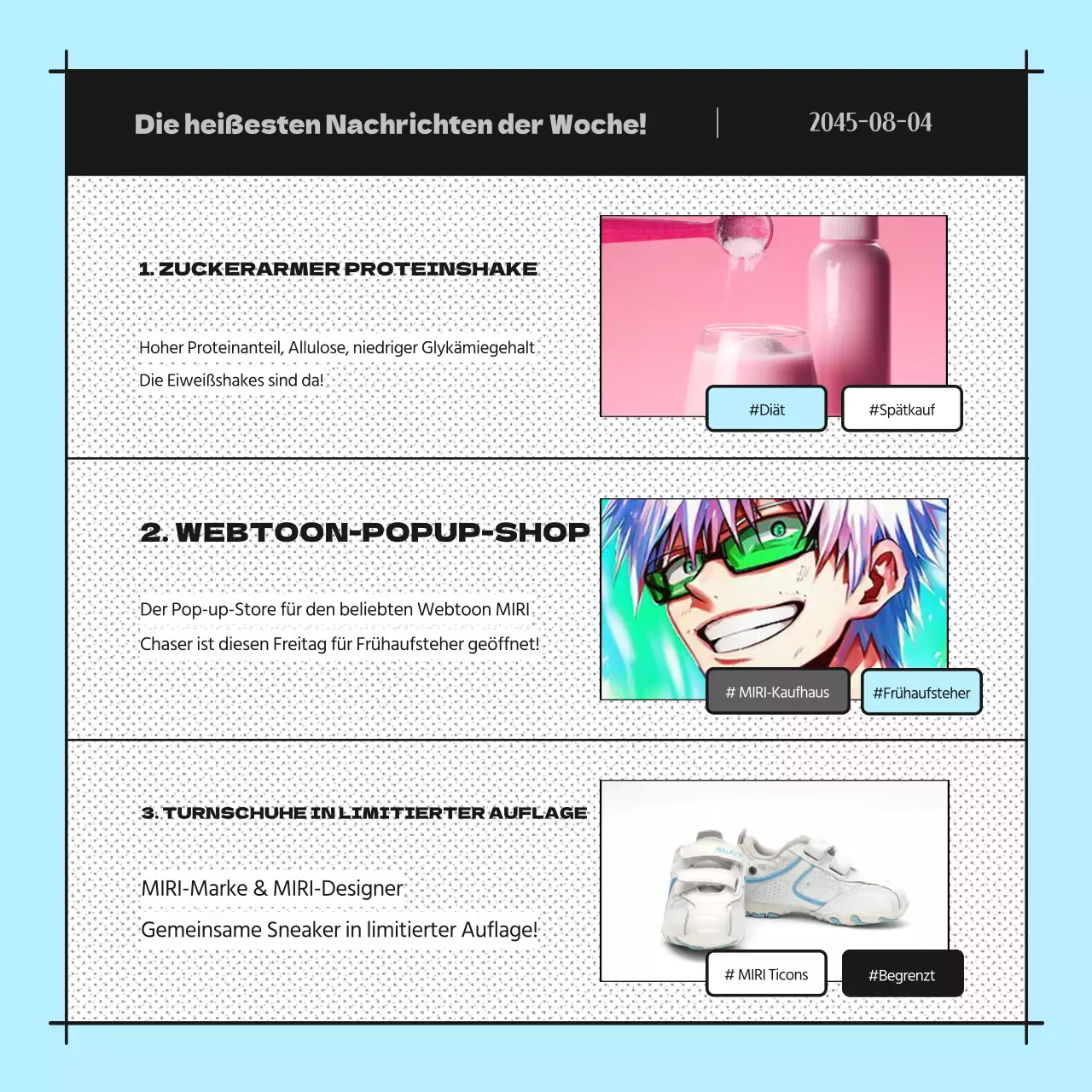 Werbung für einen hellblauen Cartoon-Newsletter