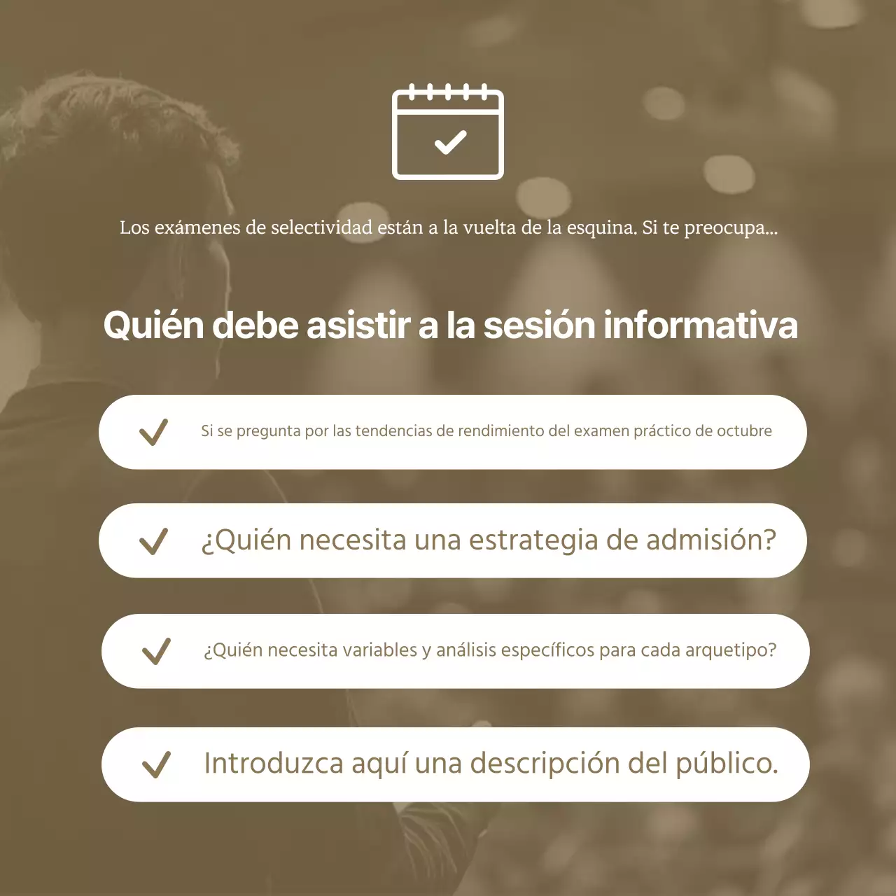 Promover una sesión informativa sobre la estrategia universitaria beige y sencilla