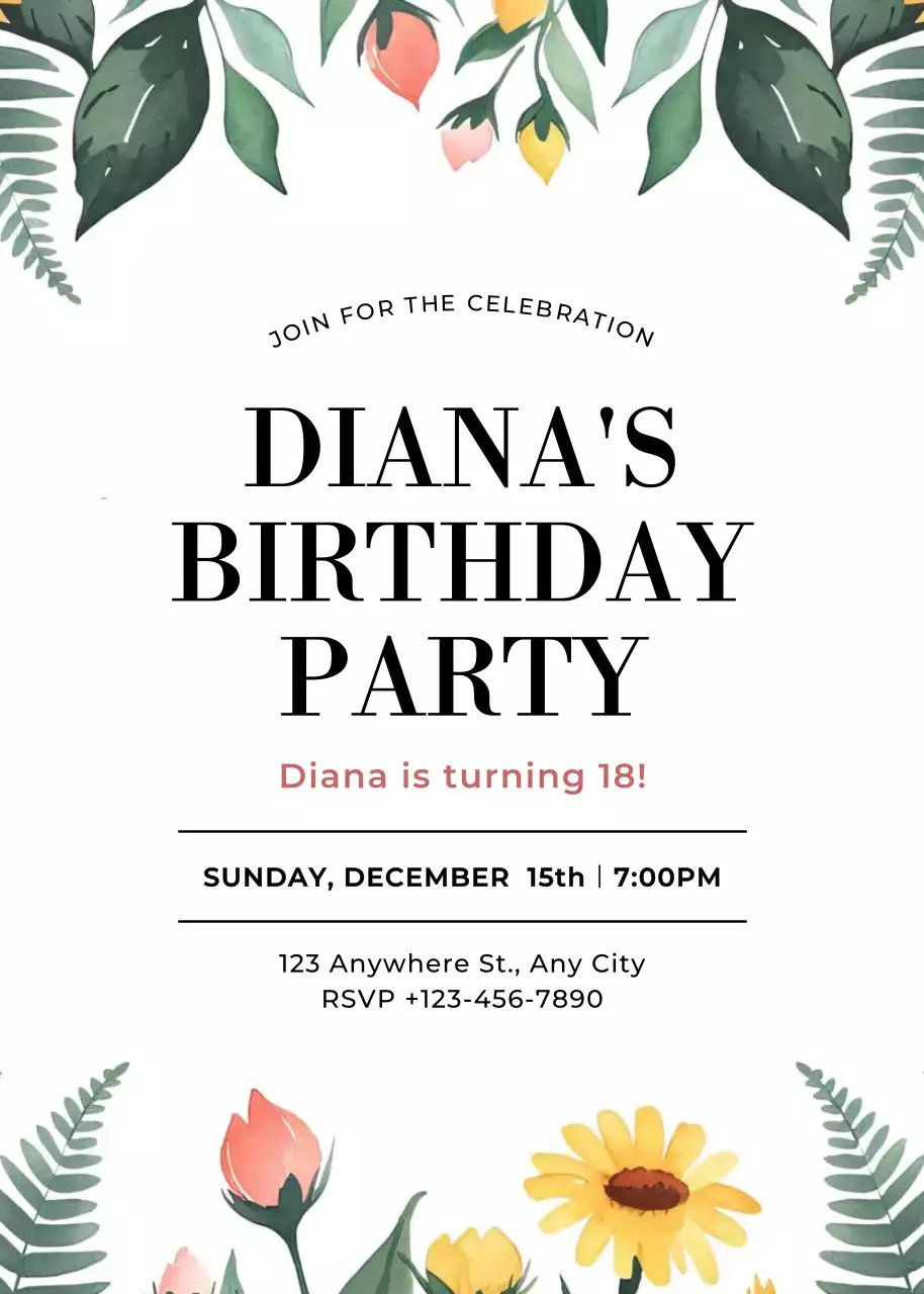 Yellow pink green floral birthday invitation