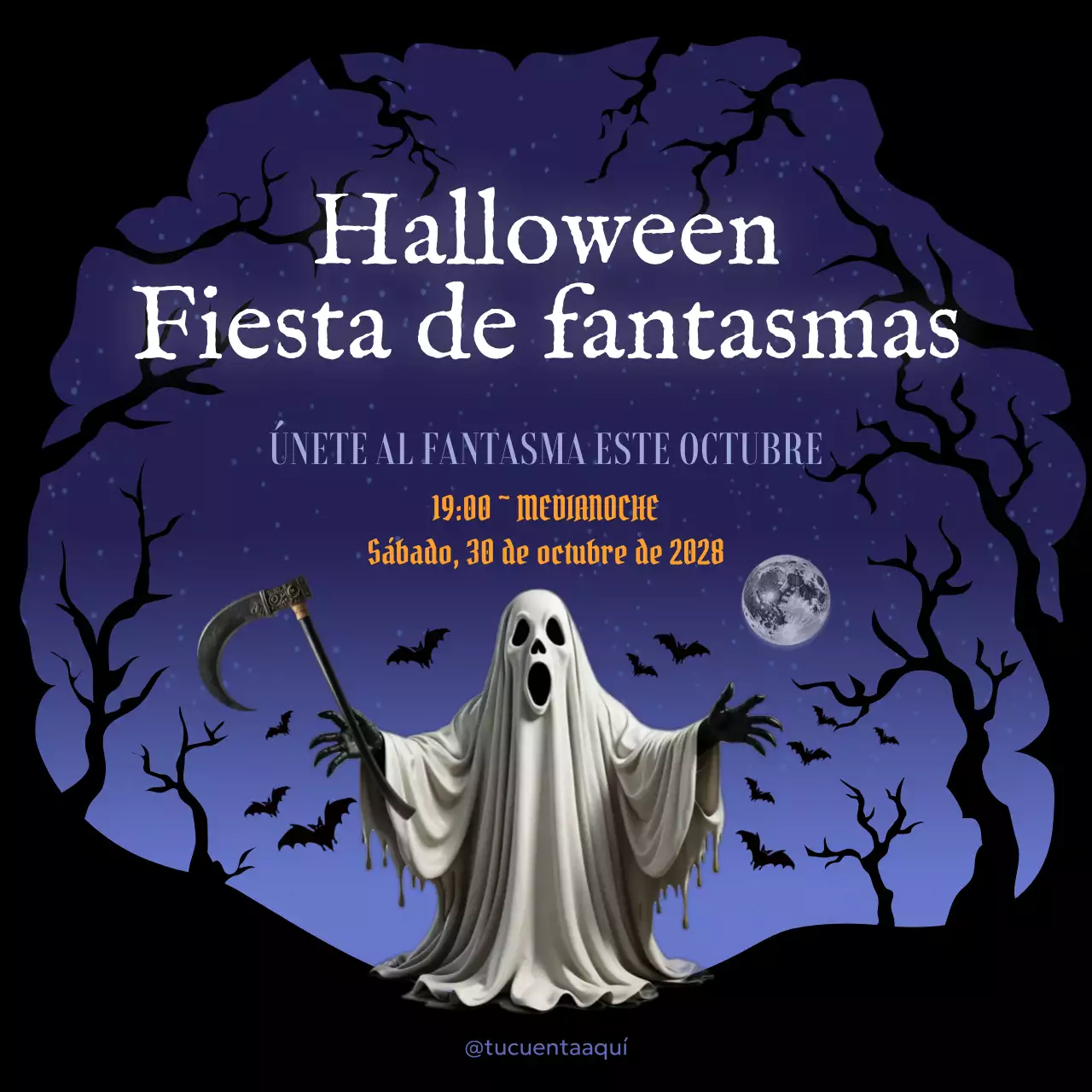 Anuncio del evento gótico púrpura de Halloween
