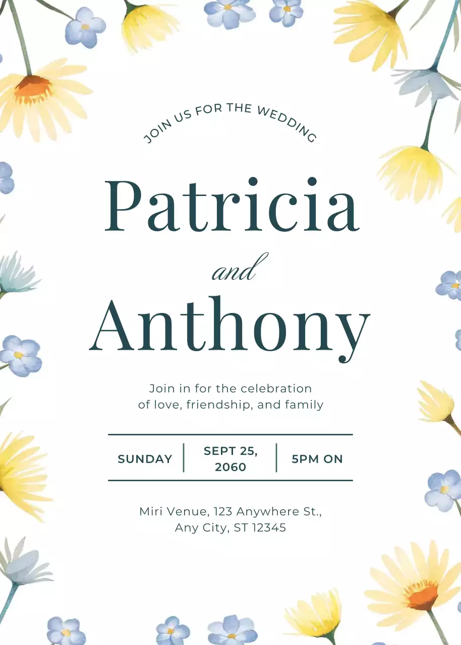 Undangan pernikahan bunga biru kuning bergaya elegan