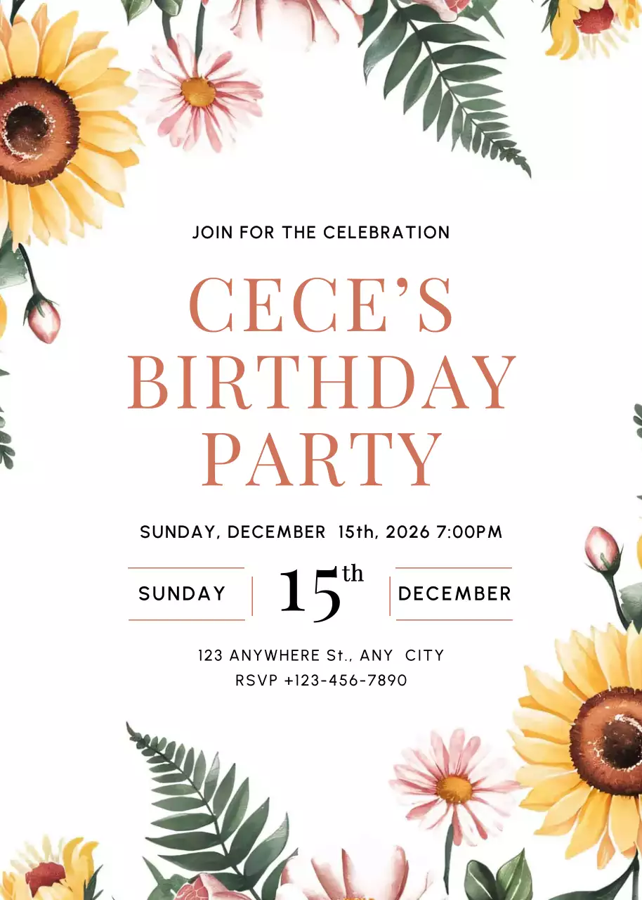 Undangan ulang tahun bunga kuning merah muda hijau