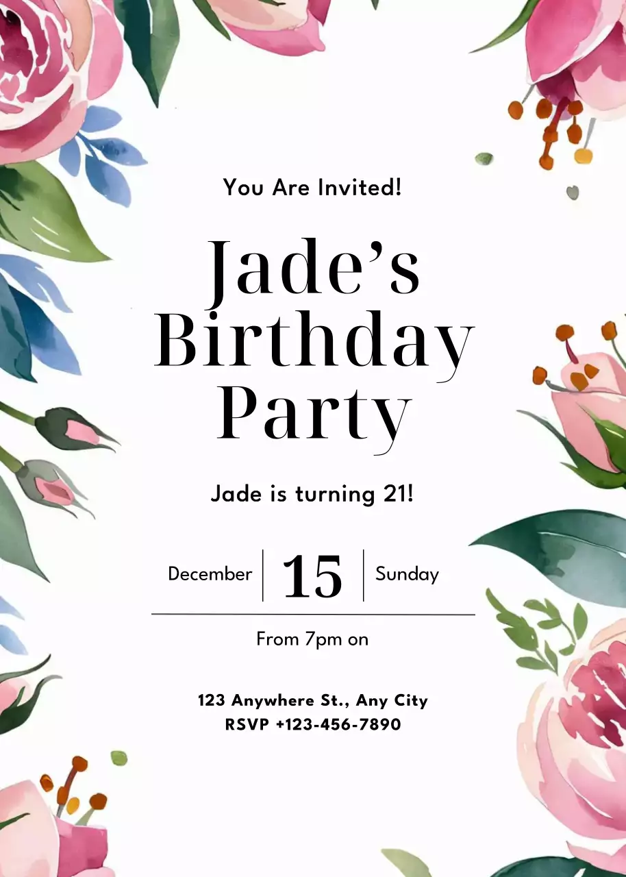 Undangan ulang tahun bunga merah muda hijau biru