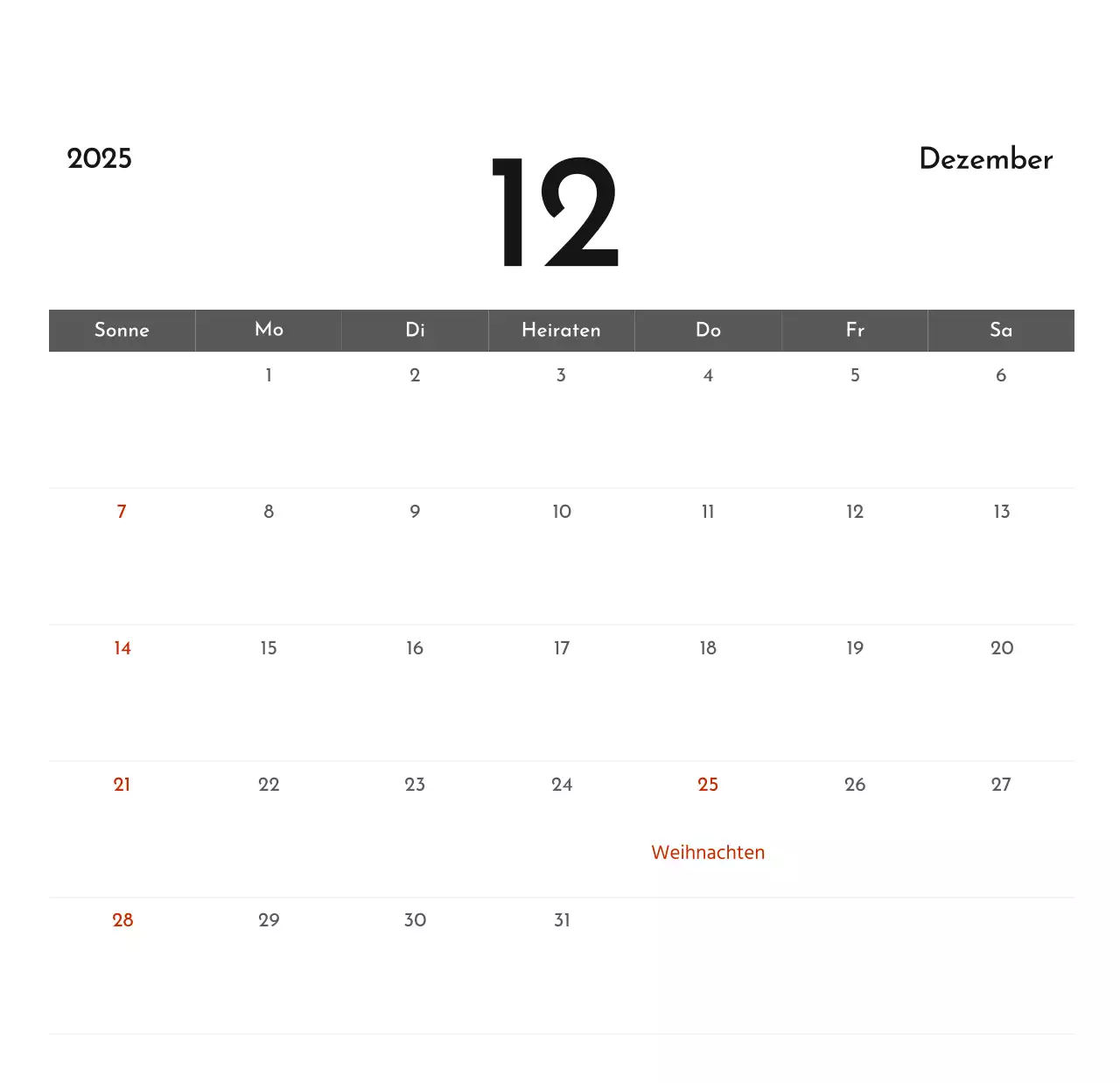 Ein einfacher Unternehmenskalender in Grau