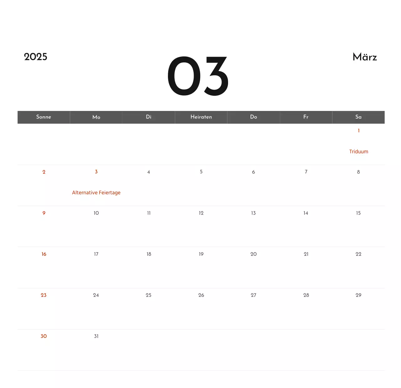 Ein einfacher Unternehmenskalender in Grau