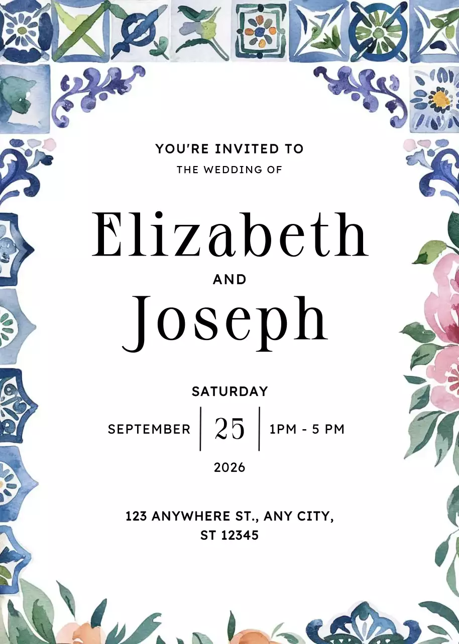 Blue Floral Wedding Invitation