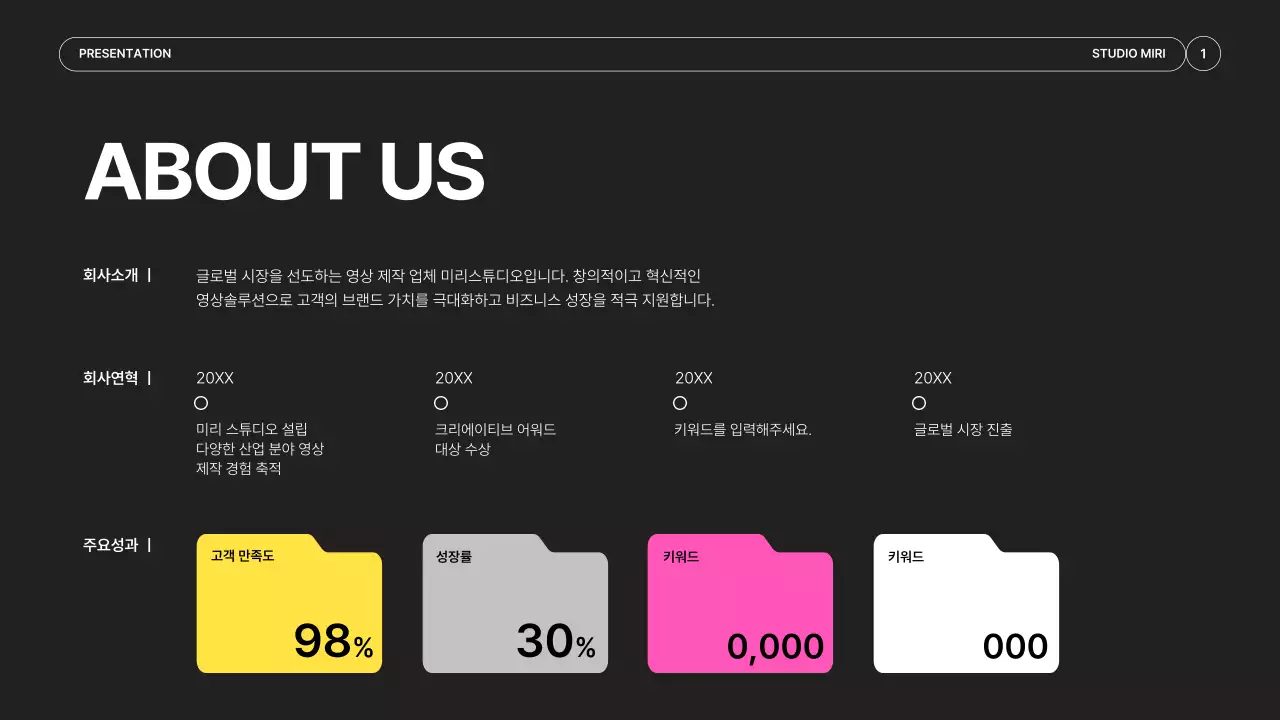 검정과 네온컬러의 심플한 영상 제작 업체 소개서