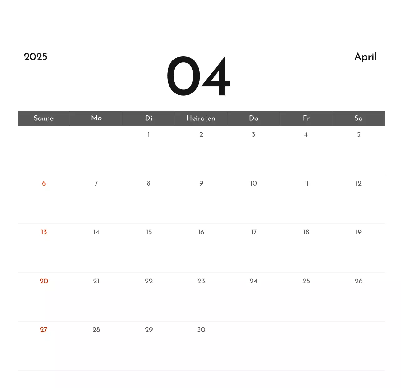 Ein einfacher Unternehmenskalender in Grau