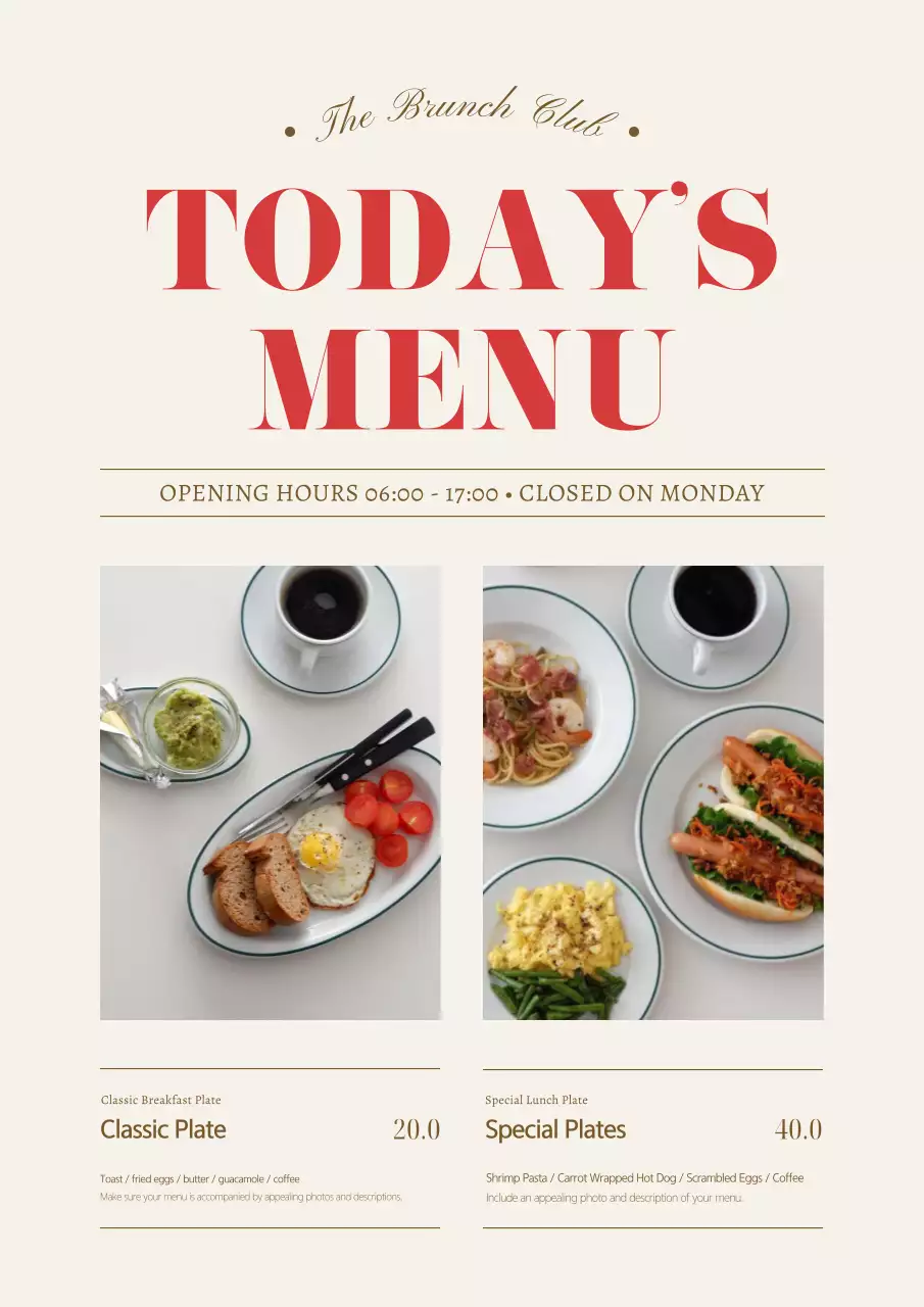 Poster thực đơn bữa sáng muộn thanh lịch màu be