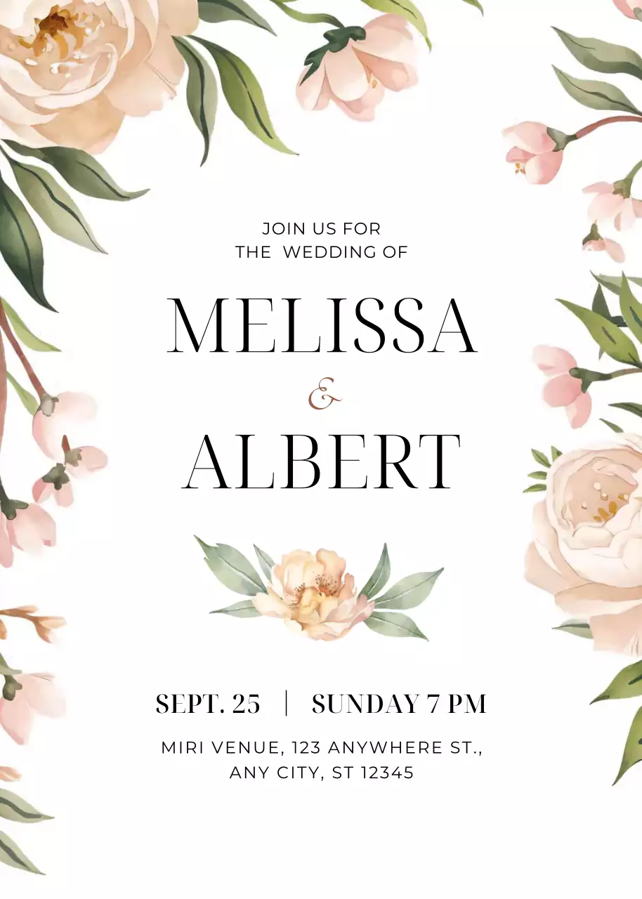 Thiệp cưới hoa màu xanh lá cây màu be phong cách thanh lịch