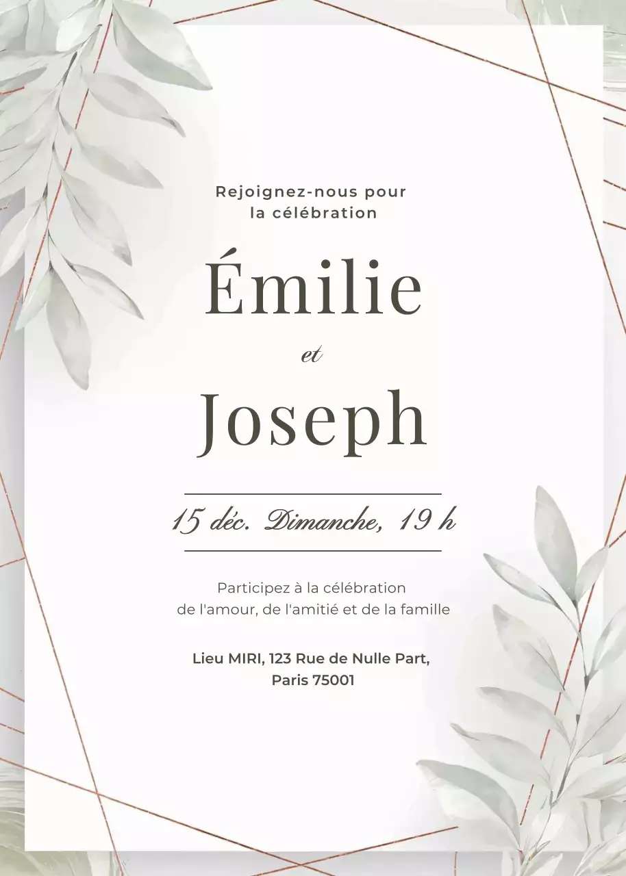 Invitation de mariage vert or blanc style minimal élégant