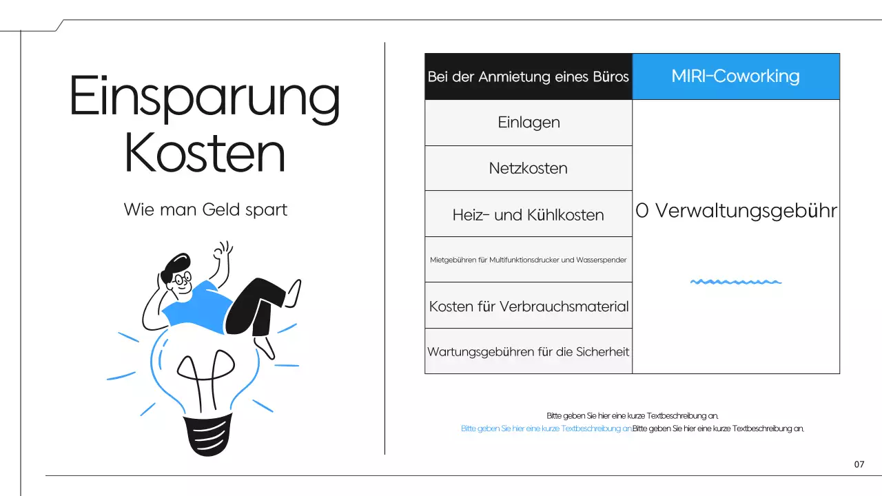 Ein einfacher schwarz-blauer Vorschlag für einen Coworking Space