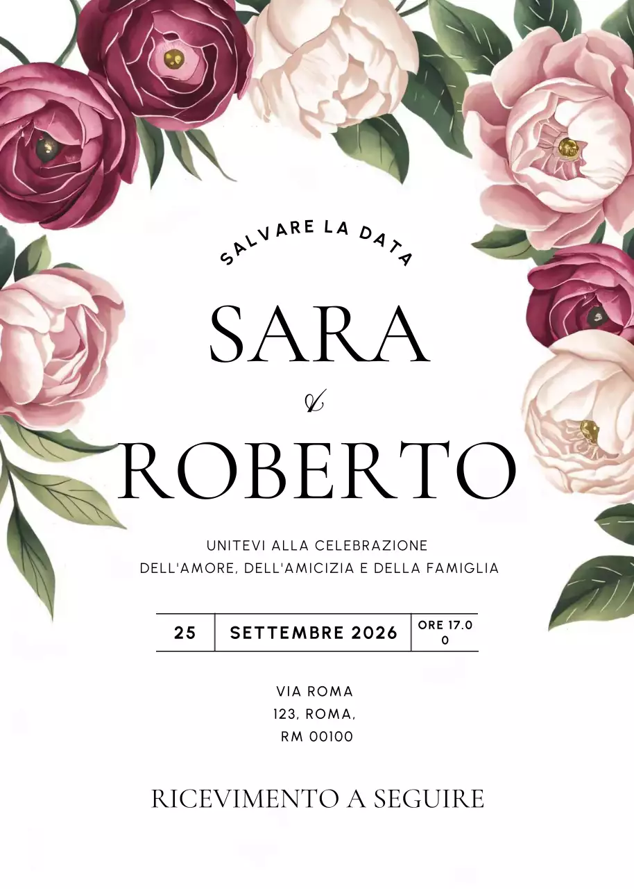 Invito di nozze floreale rosa rosso verde stile elegante