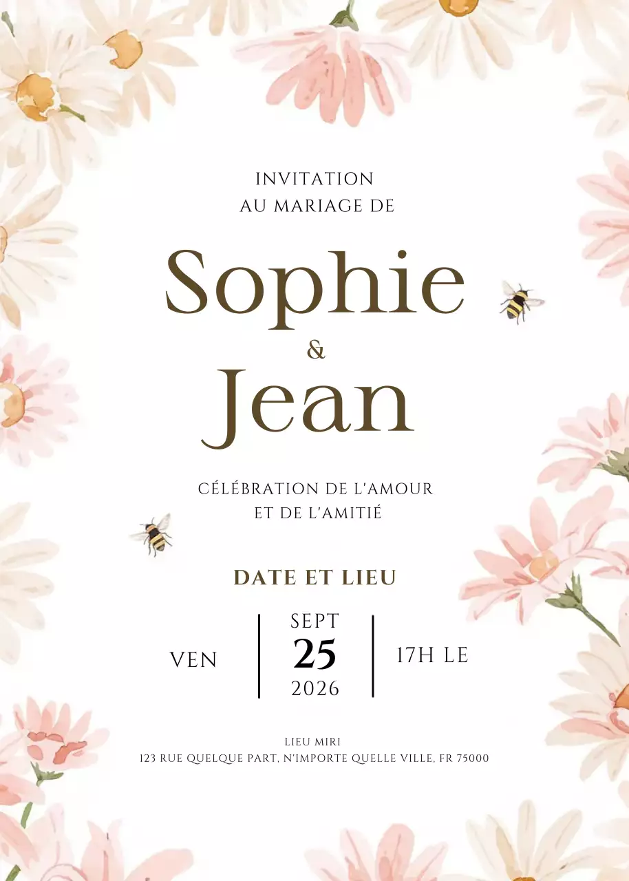 invitation de mariage floral beige