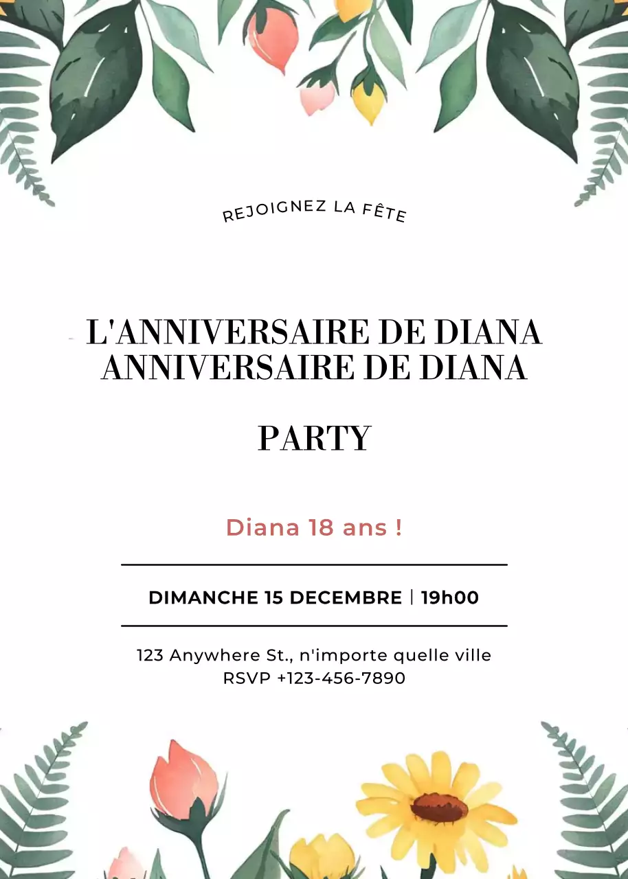 Invitation d'anniversaire jaune rose vert floral
