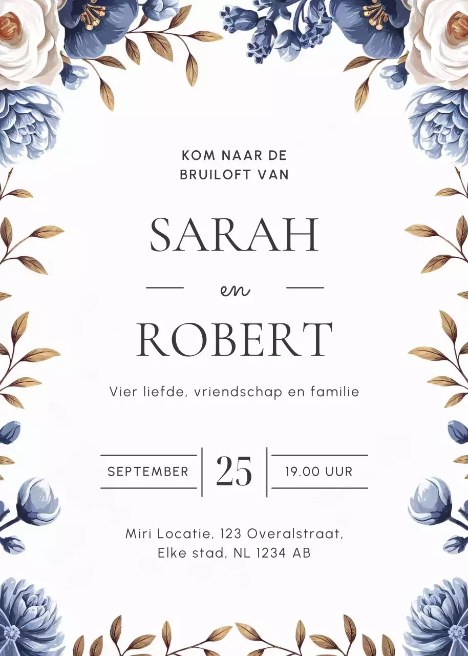 Navy beige bloemen huwelijksuitnodiging