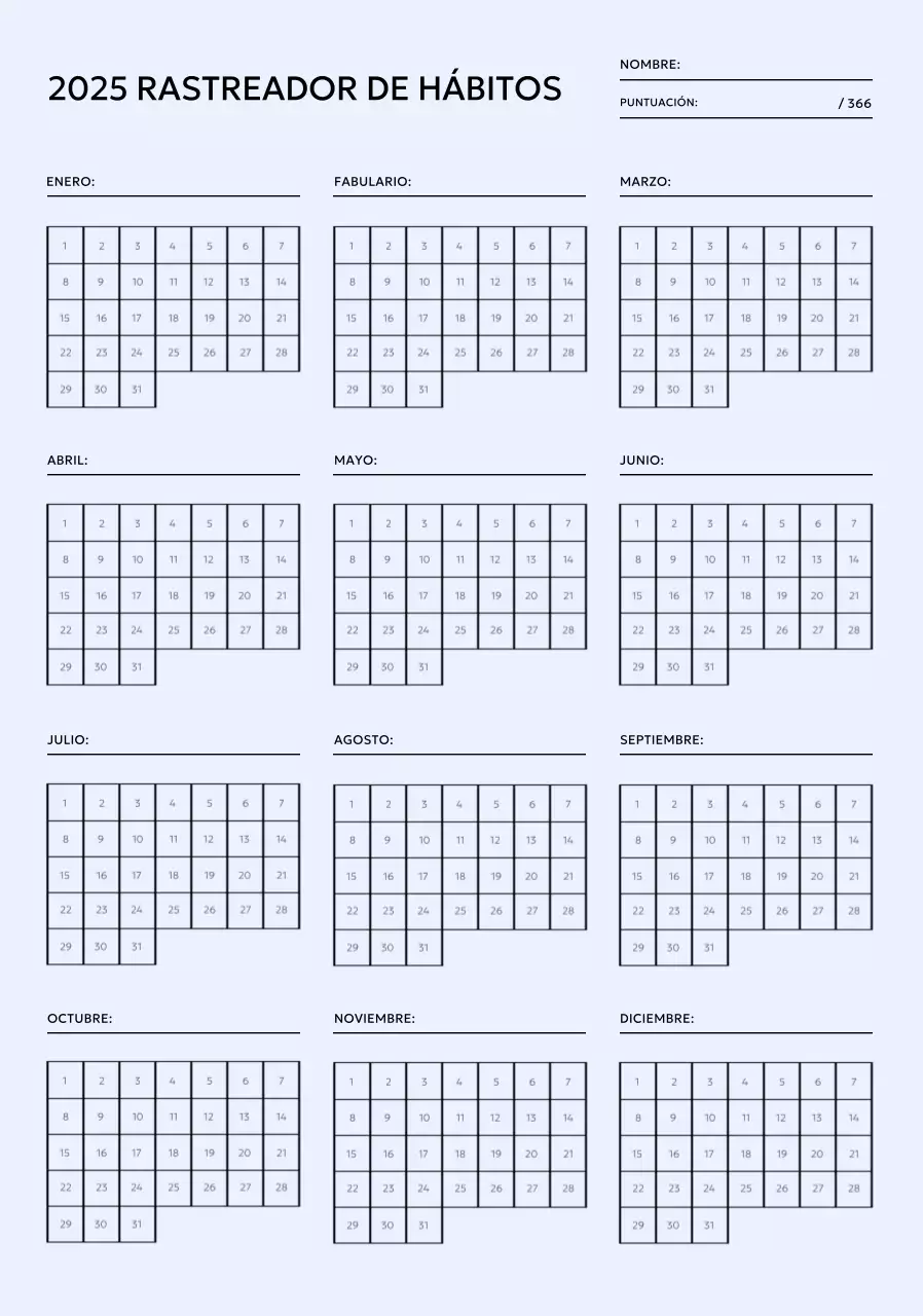 Calendario minimalista de seguimiento de objetivos con fondo púrpura pastel