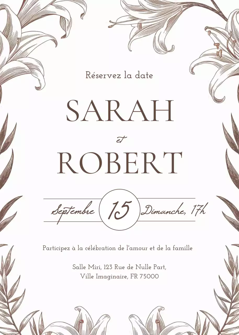 Invitation de mariage à la fleur brune, style élégant