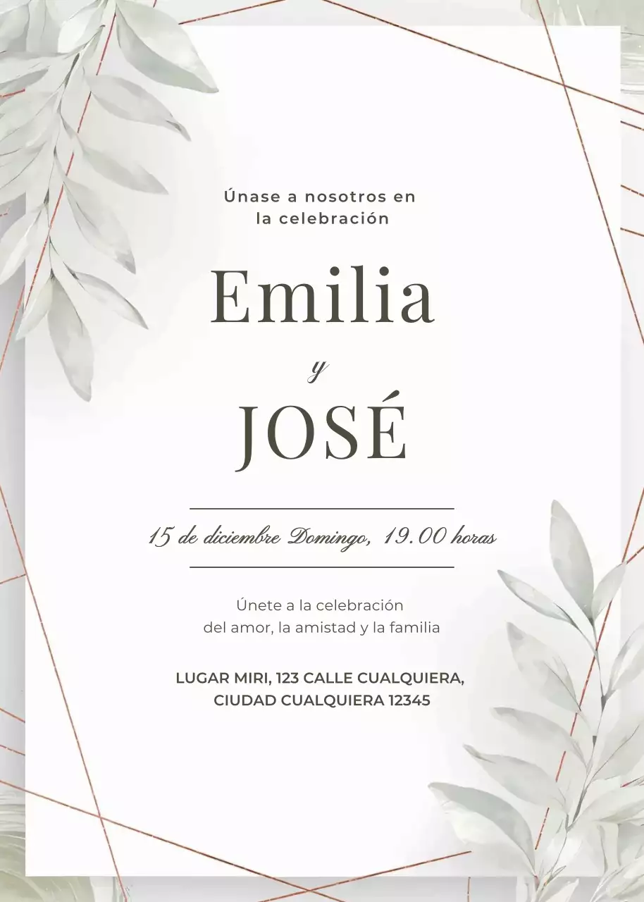 Invitación de boda oro verde blanco estilo minimalista elegante