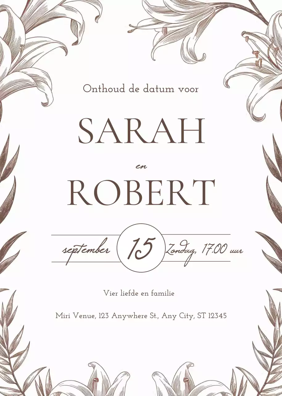 Bruine bloemen huwelijksuitnodiging elegante stijl