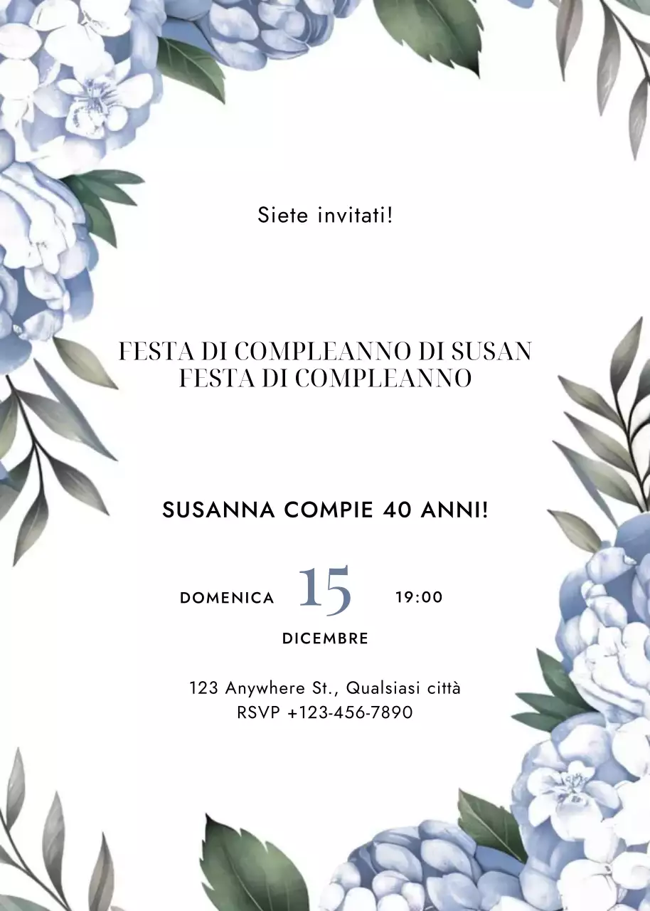 Invito di compleanno floreale blu verde stile elegante