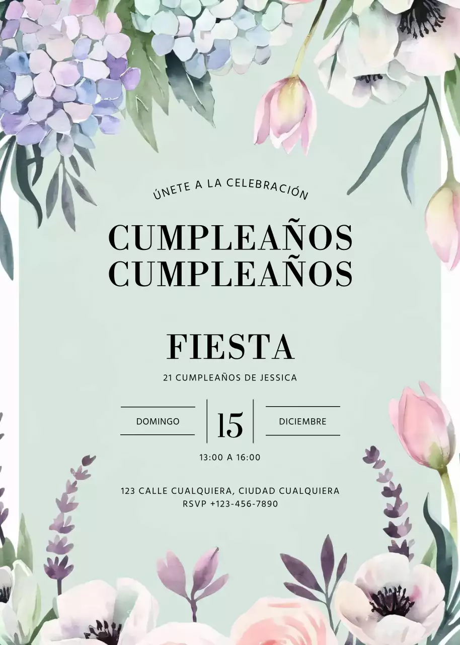 invitación de cumpleaños floral menta