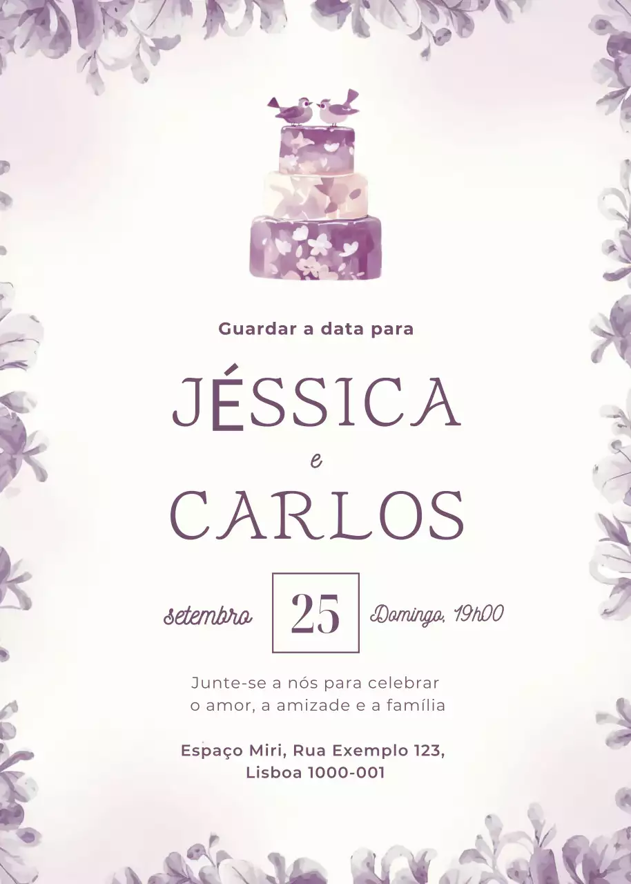 Convite de casamento roxo estilo elegante