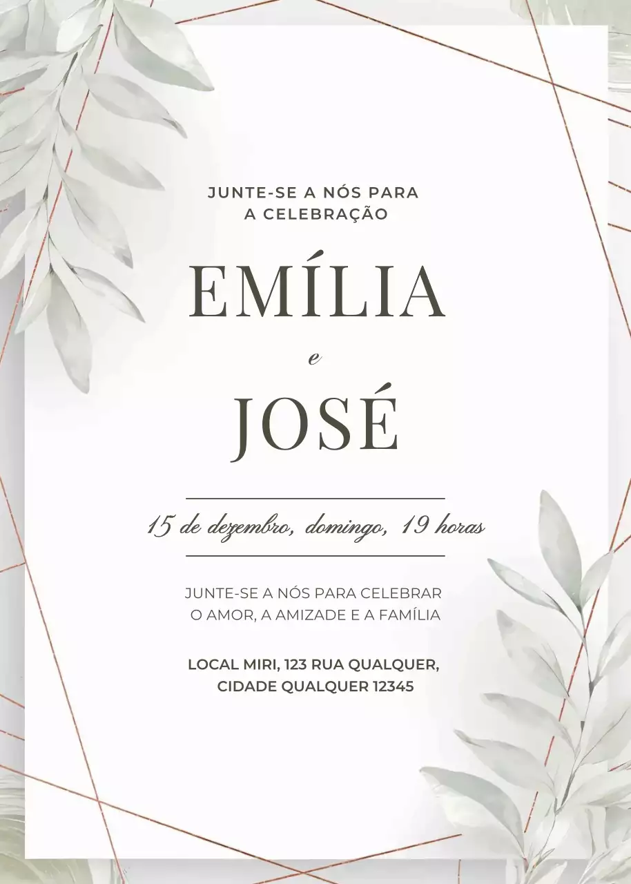 Convite de casamento verde dourado branco estilo elegante minimalista