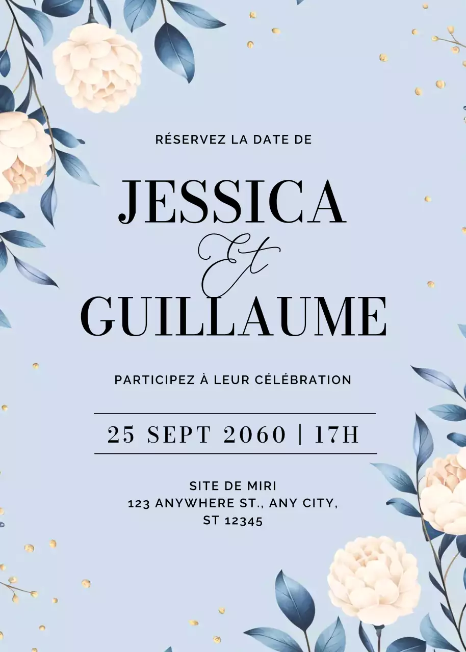 invitation de mariage moderne floral bleu