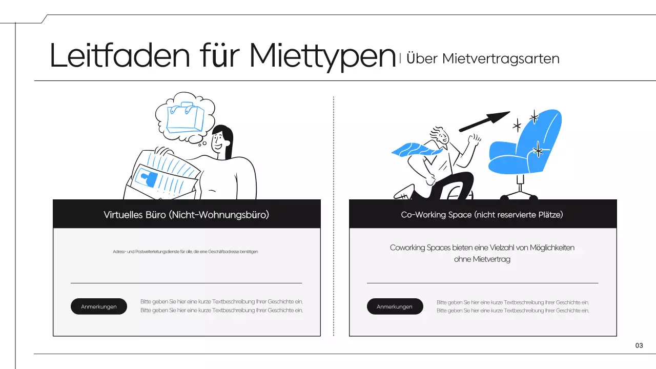Ein einfacher schwarz-blauer Vorschlag für einen Coworking Space