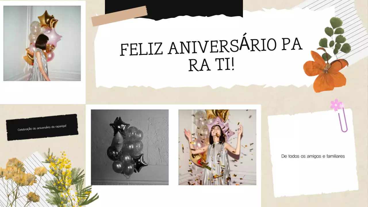 Colagem de álbum de recortes bege e branco Apresentação de aniversário