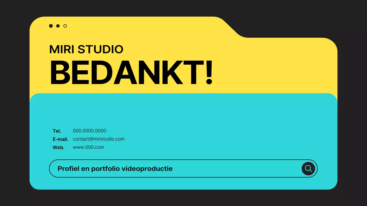 Een eenvoudige prospectus voor een videoproductiebedrijf in zwart en neonkleuren