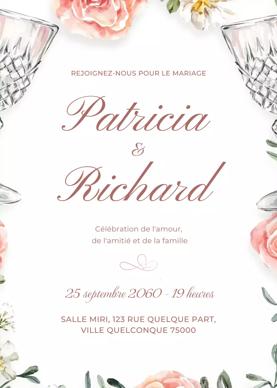 Invitation à un mariage blanc et rose, style élégant