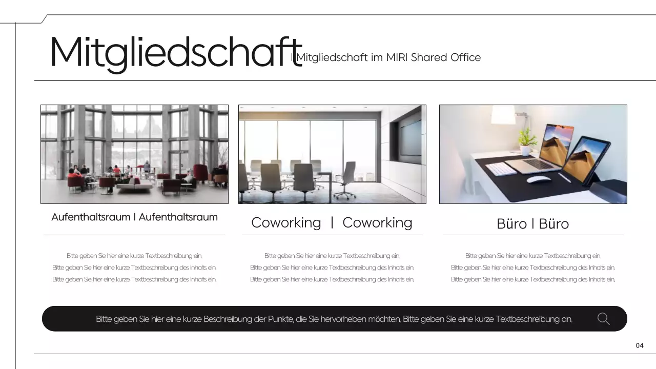 Ein einfacher schwarz-blauer Vorschlag für einen Coworking Space