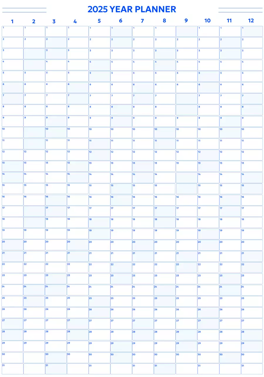 青色の丸い四角い枠があるゴシック調のシンプルな印象の年間カレンダー。