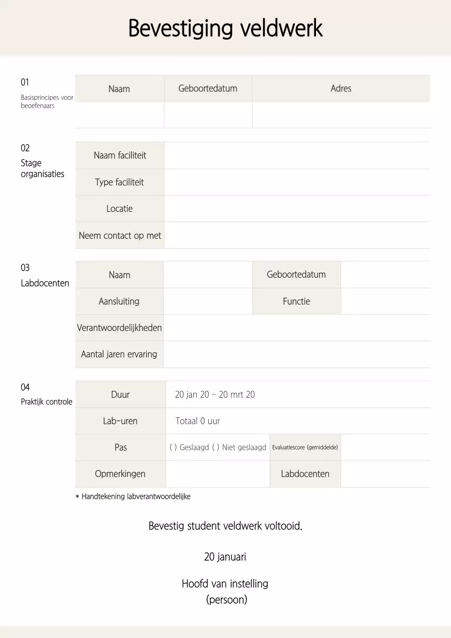 Jaarlijks eenvoudig veldwerkbevestigingsdocument