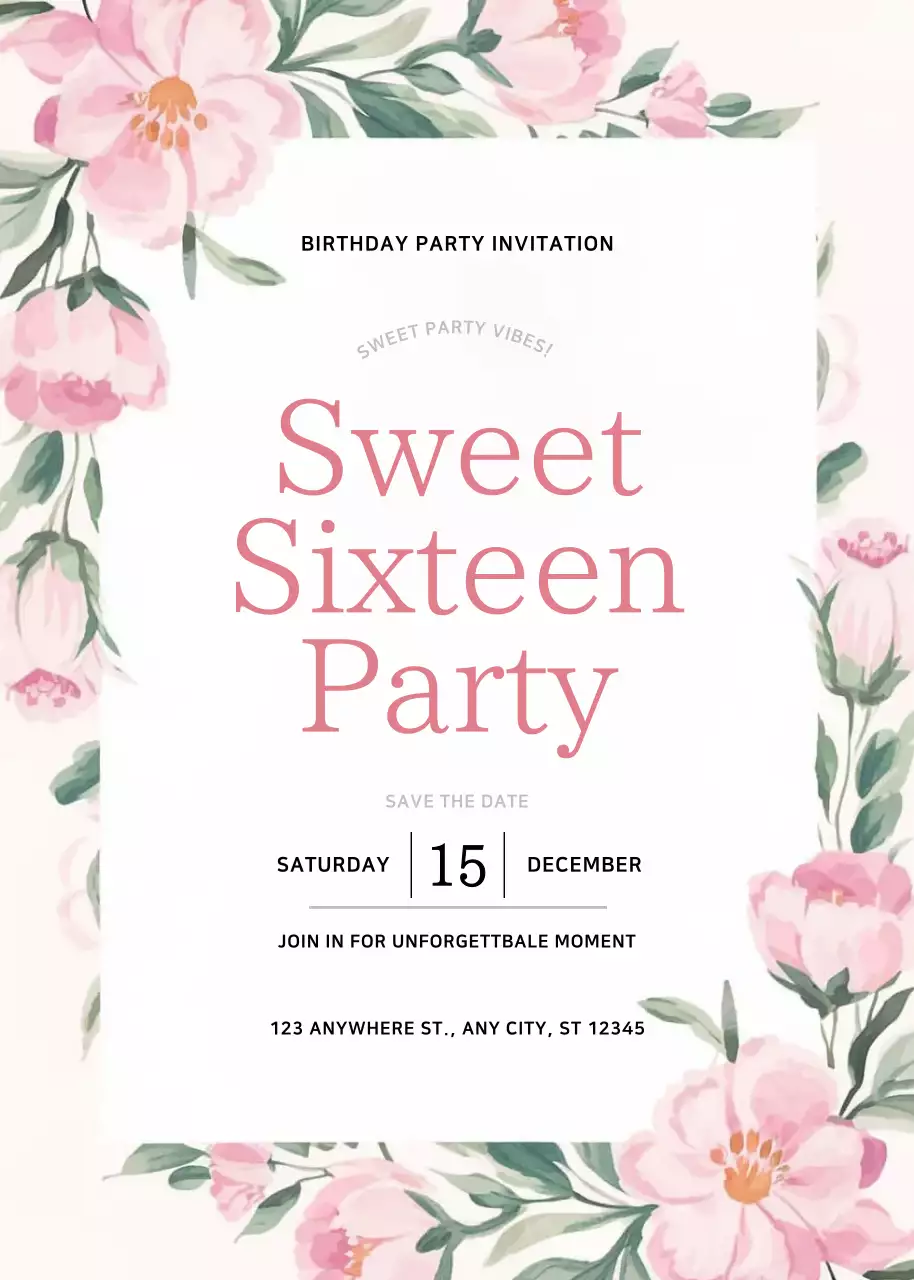 Undangan Ulang Tahun Bunga Merah Muda