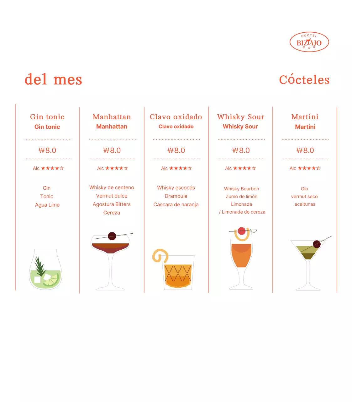 Material promocional del menú de un bar de cócteles de lujo en negro