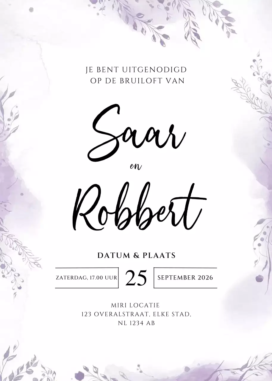 uitnodiging paarse elegante bruiloft
