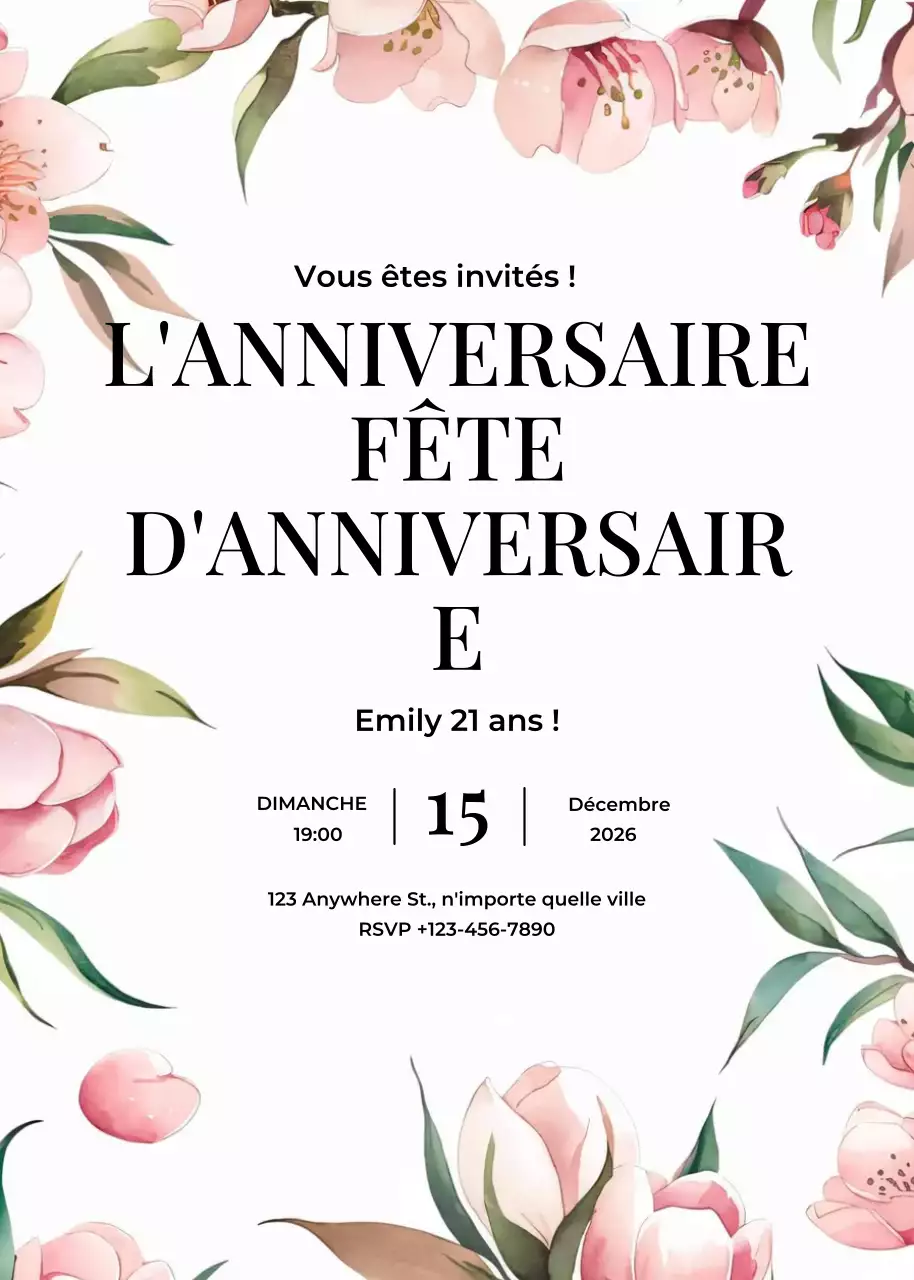 Invitation d'anniversaire rose vert marron floral