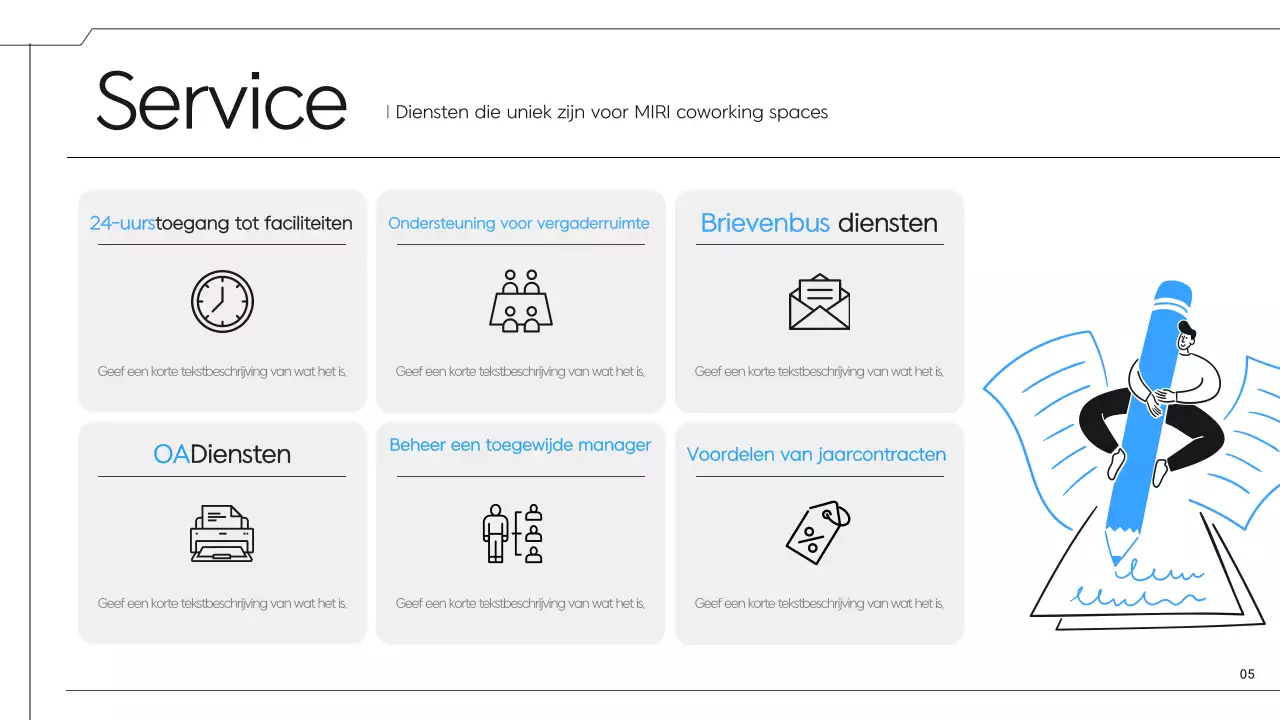 Een eenvoudig zwart-blauw voorstel voor een coworkingruimte